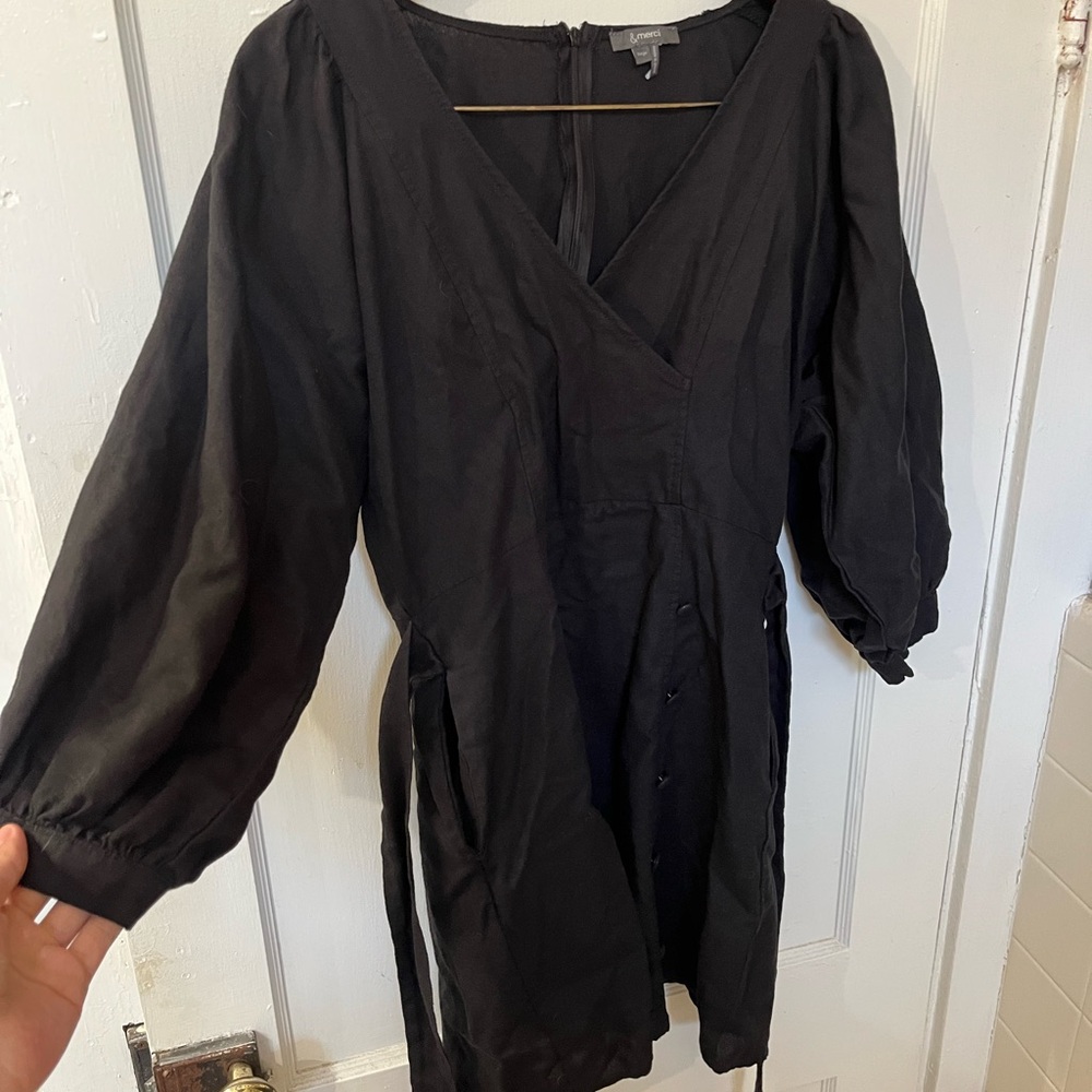Black Linen Blend Puff Sleeve Mini Dress Size Large | V-Neck Button Front
